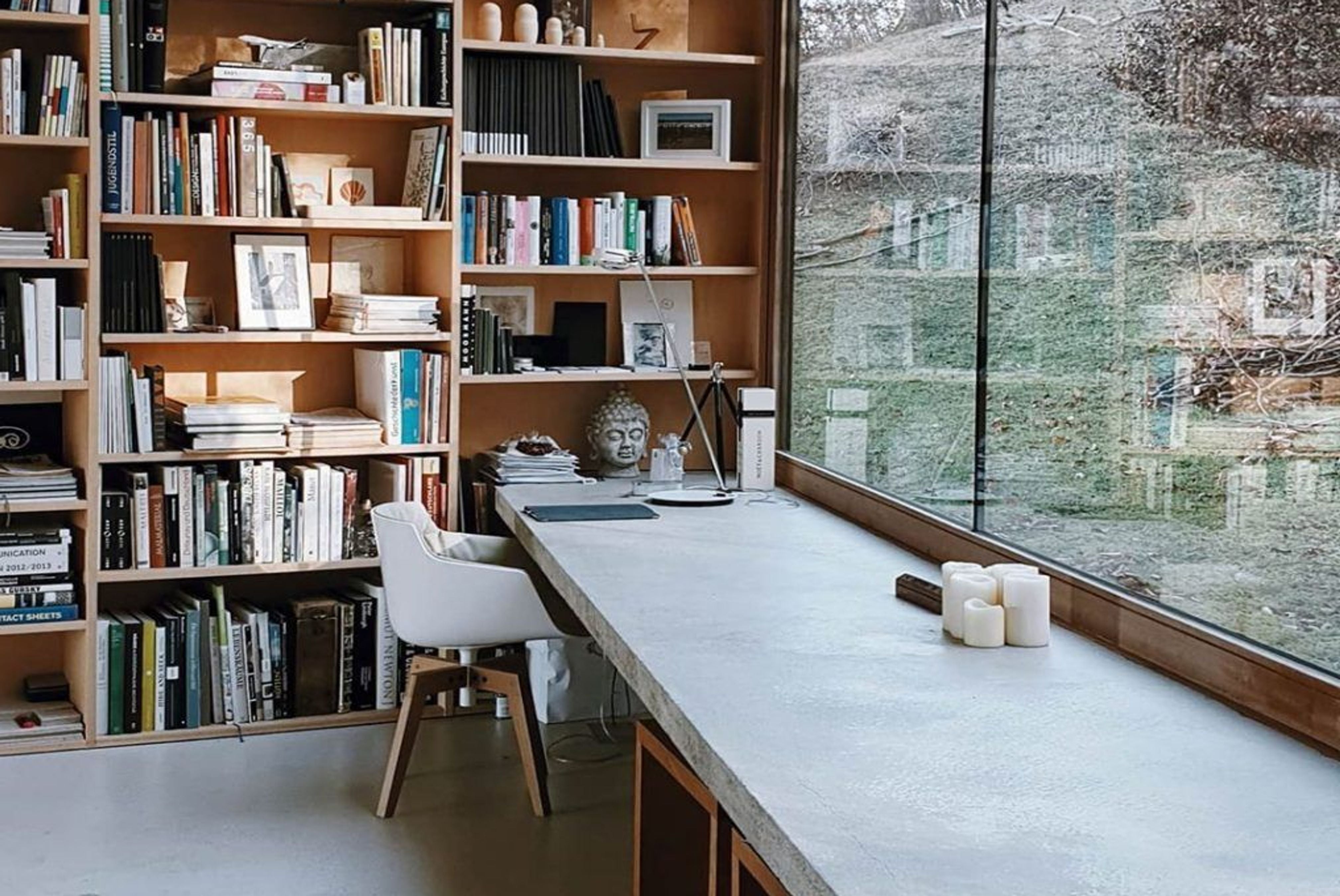 Zen office with books and windows