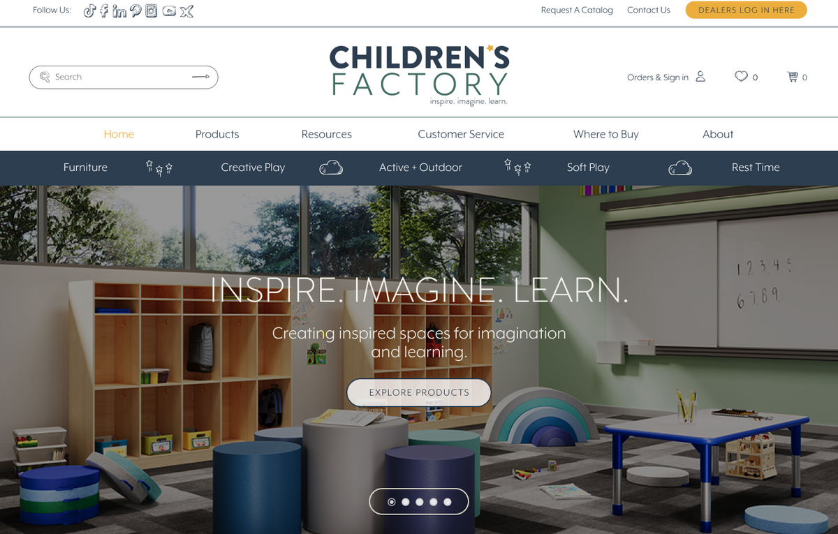 A screenshot of the Children's Factory website homepage, showing the brand logo, navigation menu, and a large promotional banner with the text 'INSPIRE. IMAGINE.LEARN' UX and Web Design by Studio Seagraves.