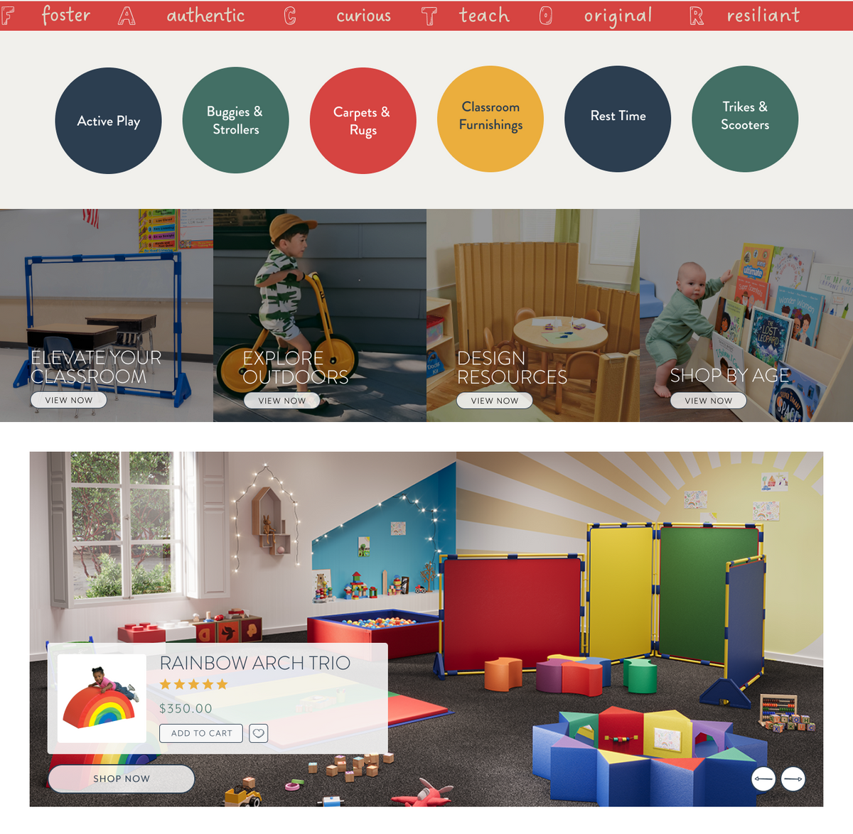 A screenshot of a website or app interface for a children's toy or classroom furniture store, showing categories like Active Play, Buggies & Strollers, Carpets & Rugs, Classroom Furnishings, Rest Time, and Toys & Scooters, plus several room scene thumbnails and a product card for a rainbow arch tribo toy set.