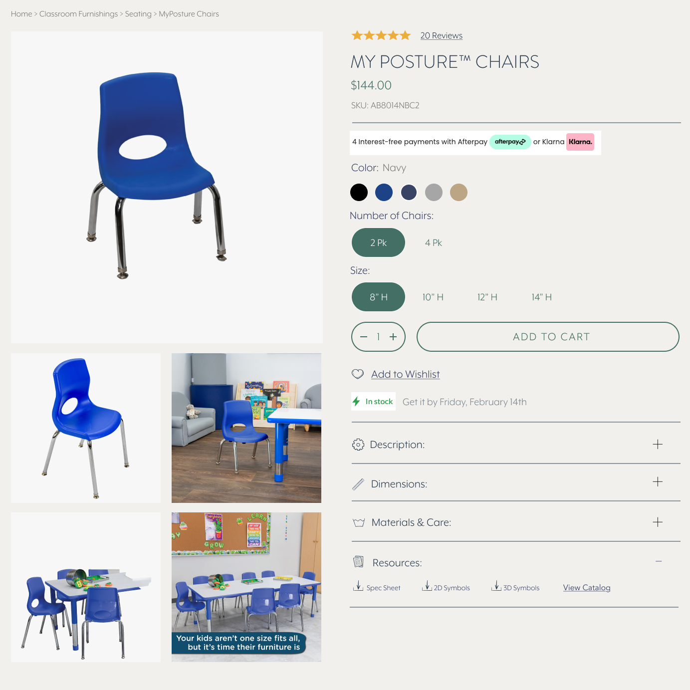 A full-length screenshot of a children's plastic chair on a retail website page, showing the product photo, color options, specifications, customer reviews, and related products.