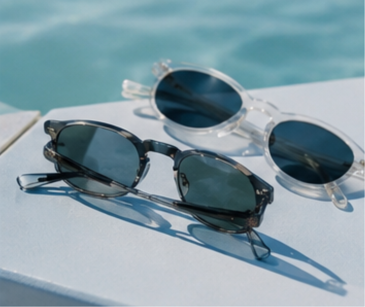 Two Pairs of Sunglasses laying on pool edge.  