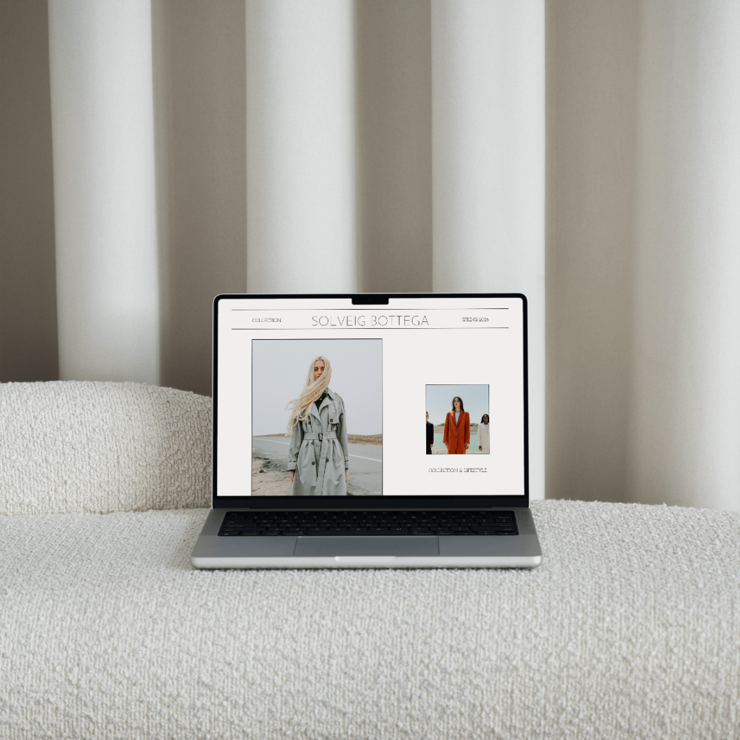 Solveig Luxury Canva Template Wholesale Linesheet Mockup on Macbook sitting on Whitte Chase