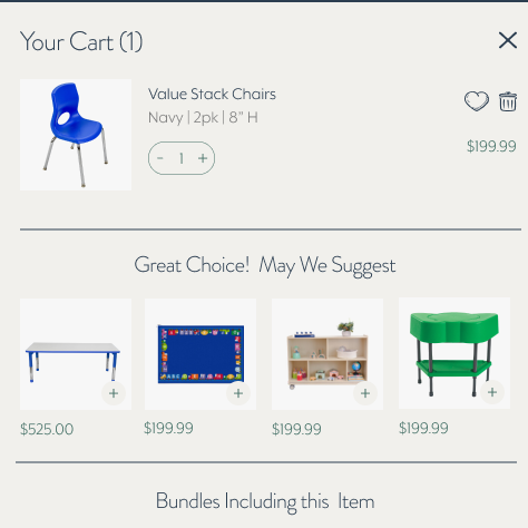 A screenshot of an online shopping cart page showing a selected item: a navy stack chair, with other furniture products and a checkout summary below on a light gray background.