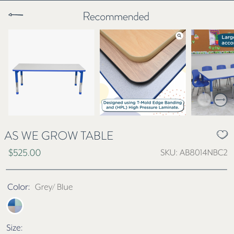 A product listing card for an 'AS WE GROW' table, showing a 30" x 72" grey and blue high pressure laminate table. The card includes product images, pricing ($525.