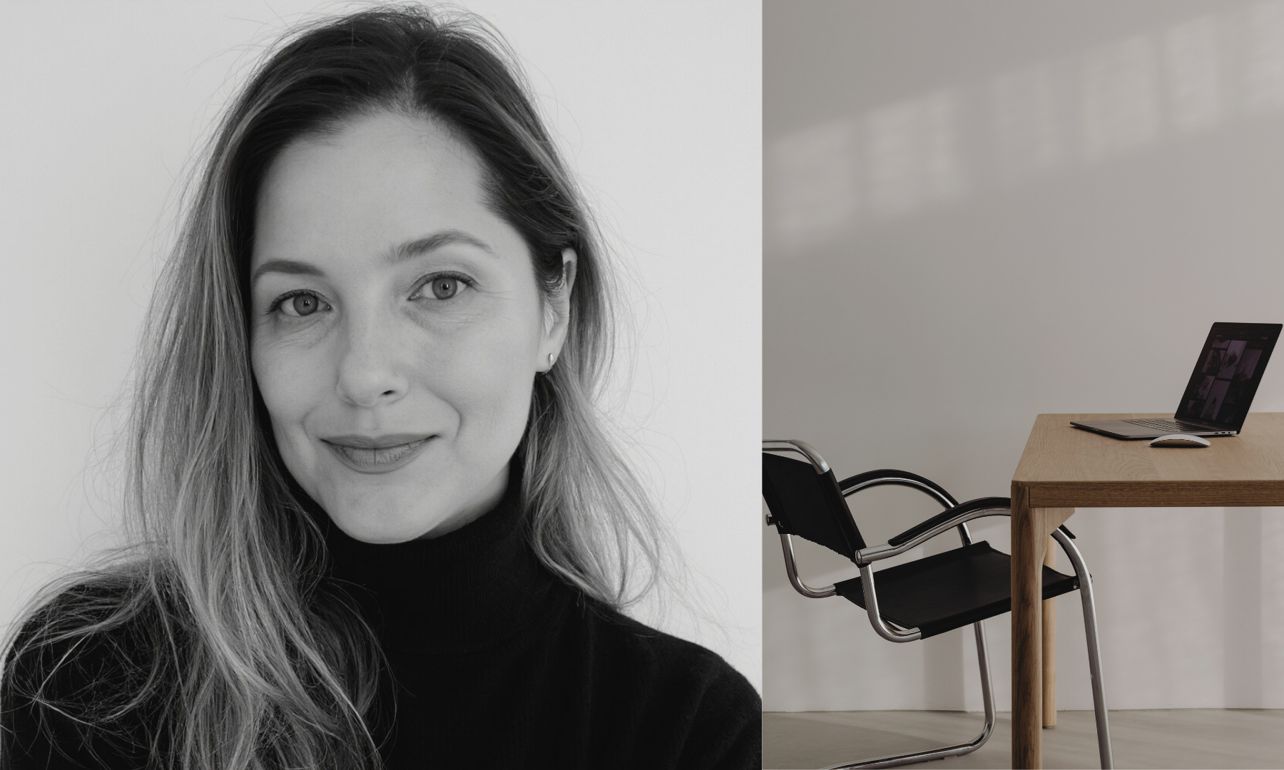 Black and white portrait of a woman next to a minimalist office setup with a desk and chair.