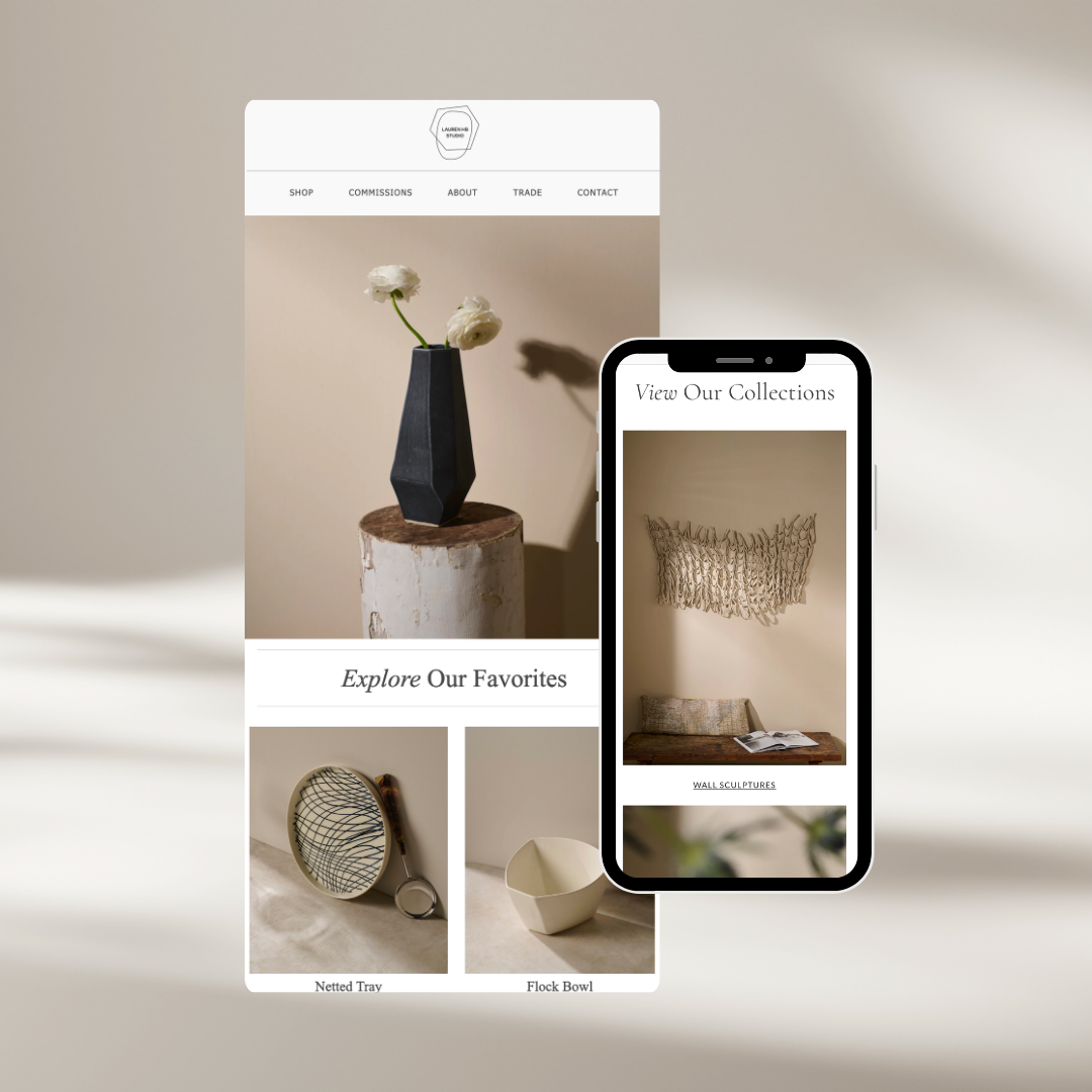 A digital mockup showing a website homepage and mobile view for a home decor brand. The design features a warm neutral color palette with beige, brown, and white tones, displaying products like a black geometric vase on a wood pedestal, a woven wall hanging, a metal tray, and a ceramic bowl.