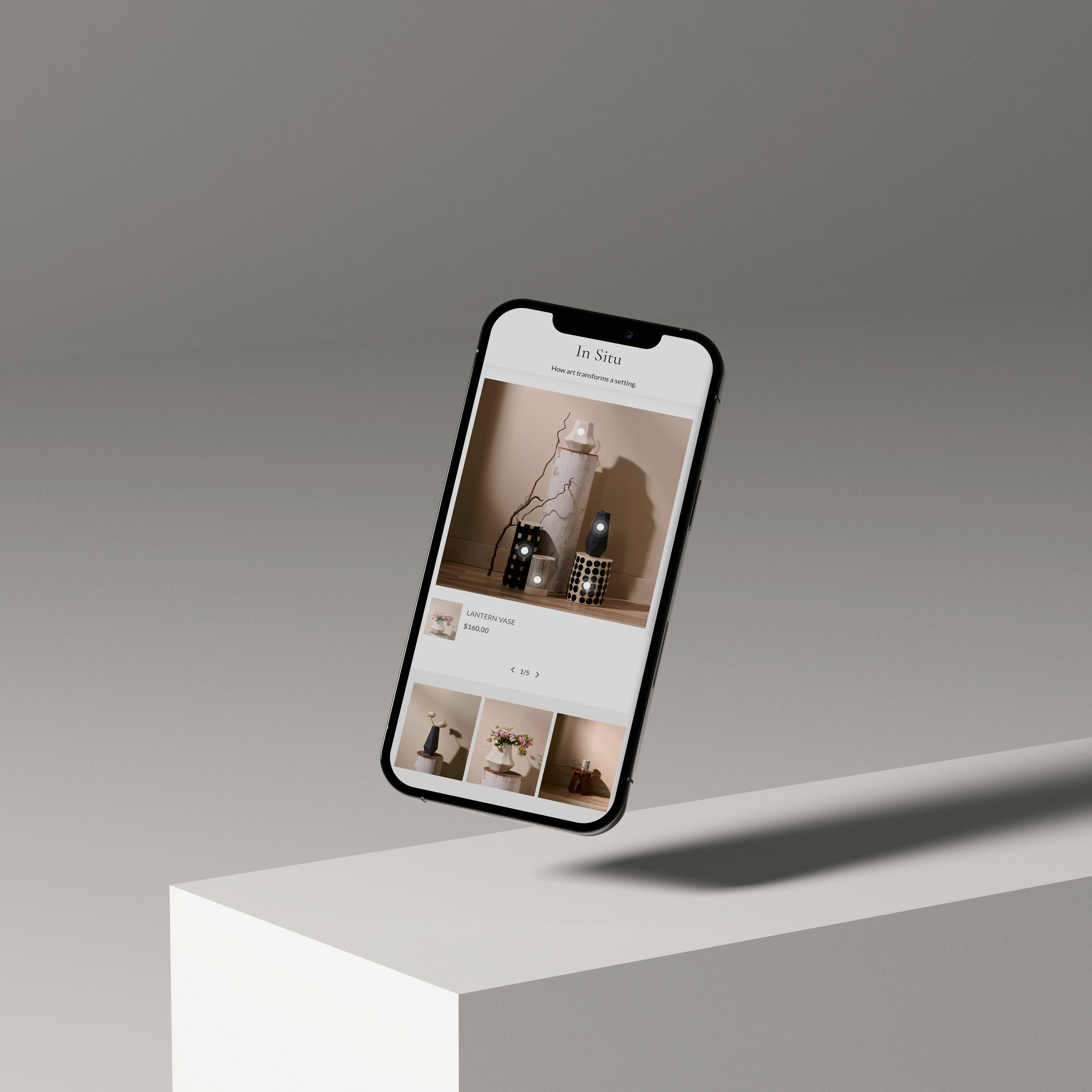 Mobile mockup featuring a modern Shopify layout for a furniture and home décor brand.