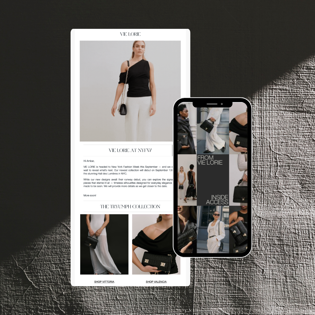 A digital mockup displaying a fashion brand's website on a desktop screen and a smartphone, styled on a dark textured background with dramatic side lighting.