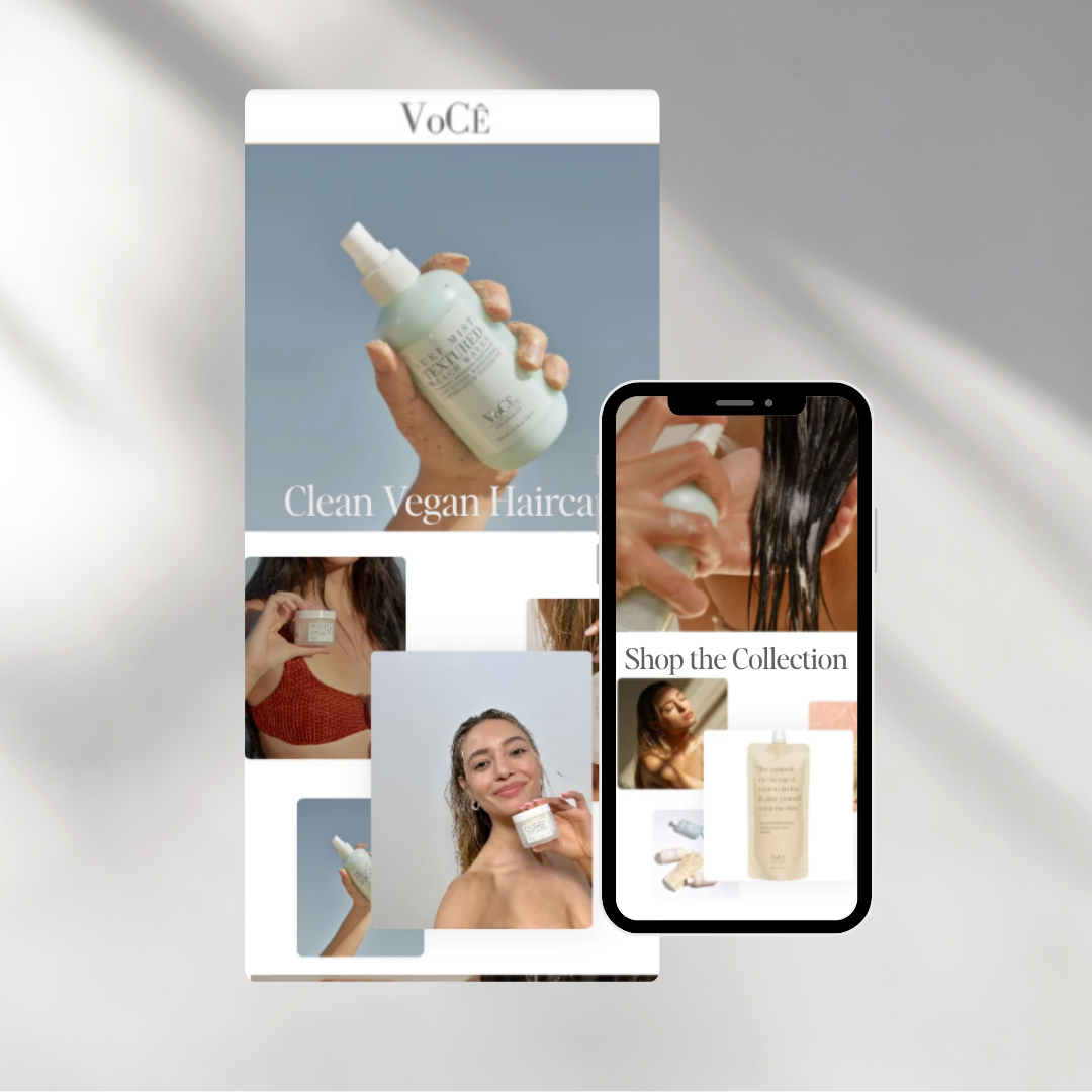 A digital mockup displaying a VoCóe social media campaign layout alongside a smartphone screen showing a shopping feed, set against a soft gray background with elegant diagonal shadows.
